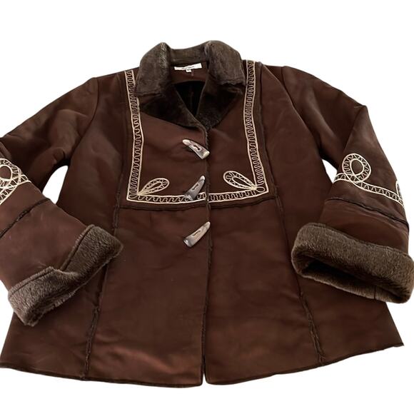 Appraisal Brown Faux Suede Faux Fur Jacket Fall Winter Coat Embroidered Cozy - Picture 4 of 11